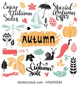 Fall, autumn sale design elements set. Leaves, pumpkin, bird, boat, umbrella, ribbon, acorn, pepper, cloud, heart, boat, snail, ladybug, berries. Isolated on white background
