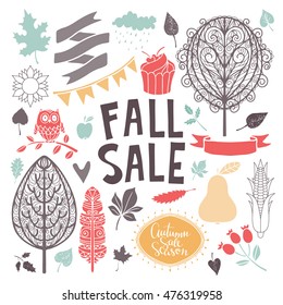 Fall, autumn sale design elements set. Leaves, tree, corn cob, owl, fruits, cake, ribbons, flags, cloud, sun. Calligraphic text, handwritten. Isolated on white background