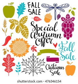 Fall, autumn sale design elements set. Apples, leaves, heart, acorn, ribbon, grape, pepper, sunflower, spikelet, berries, dragonfly. Calligraphic text, handwritten. Isolated on white background