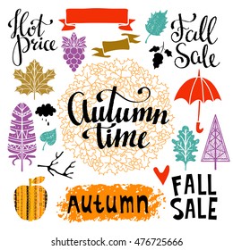 Fall, autumn sale design elements set. Feather, heart, ribbon, leaves, cloud, bare tree, floral frame with acorn, umbrella, grapes. Calligraphic text, handwritten. Isolated on white background