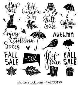 Fall, autumn sale design elements set. Fox, leaves, bird, cake, umbrella, owl, percent, cloud, shoes, hearts. Calligraphic text, handwritten. Isolated on white background