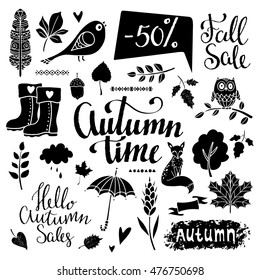 Fall, autumn sale design elements set. Heart, fox, leaves, acorn, owl, cloud, tree, boots, spike, percent, ribbon. Calligraphic text, hand written. Isolated on white background