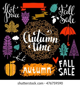 Fall, autumn sale design elements set. Feather, heart, umbrella, ribbon, leaves, cloud, bare tree, floral frame with acorn, grapes. Calligraphic text, handwritten. Isolated on black background