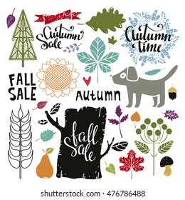 Fall, Autumn Sale Design Elements Set. Dog, Leaves, Tree, Acorn, Ribbon, Mushroom, Spica, Sunflower, Spikelet, Berries, Floral Frame. Calligraphic Text, Handwritten. Isolated On White Background