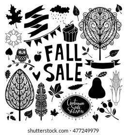 Fall, autumn sale design elements set. Leaves, tree, owl, fruits, cake, corn cob, ribbons, flags, cloud, sun. Calligraphic text, handwritten. Isolated on white background