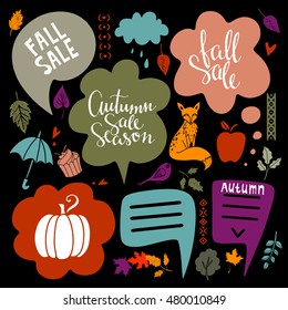 Fall, autumn sale design elements set. Leaves, pumpkin, umbrella, cloud, heart, fox, bird, speech bubbles, cake. Calligraphic text, handwritten. Isolated on black background