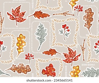 Fall Autumn seamless pattern vector with FoliageLeaves Hand paint style background pattern Design for fashion fabric textile wallpaper wrapping and all prints 