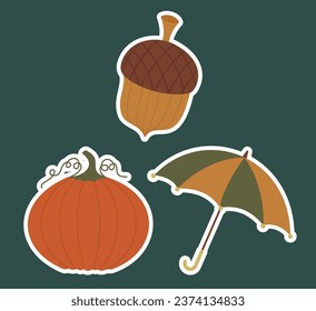 Fall and Autumn Season Holiday icon Vector Arts. Objects and stuffs around October Autumn Season with orange, brown, and green natural color resembling Fall season