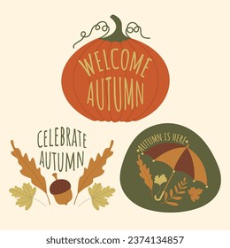 Fall and Autumn Season Holiday icon Vector Arts. Objects and stuffs around October Autumn Season with orange, brown, and green natural color resembling Fall season