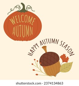 Fall and Autumn Season Holiday icon Vector Arts. Objects and stuffs around October Autumn Season with orange, brown, and green natural color resembling Fall season