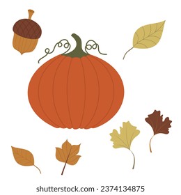 Fall and Autumn Season Holiday icon Vector Arts. Objects and stuffs around October Autumn Season with orange, brown, and green natural color resembling Fall season