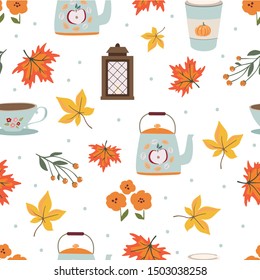 Fall and autumn season seamless pattern. Hand drawn scandinavian style repeated background texture for fabric, textile, wrapping paper, wallpaper surface design.