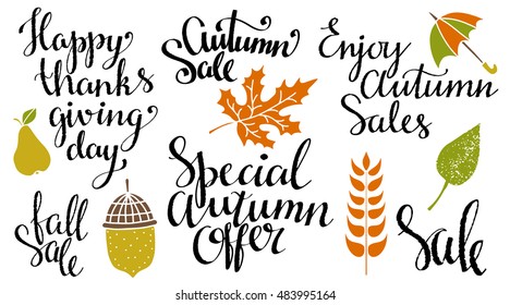 Fall, autumn set. Leaves, acorn, pear, umbrella, spica hand drawn. Happy Thanksgiving day, Fall sale, Autumn sale, Special Autumn offer, Enjoy Autumn sales, Sale. Text. Isolated on white background