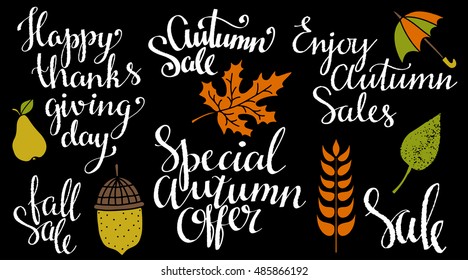 Fall, autumn set. Leaves, acorn, pear, umbrella, spica hand drawn. Happy Thanksgiving day, Fall sale, Autumn sale, Special Autumn offer, Enjoy Autumn sales, Sale. Calligraphic text, handwritten