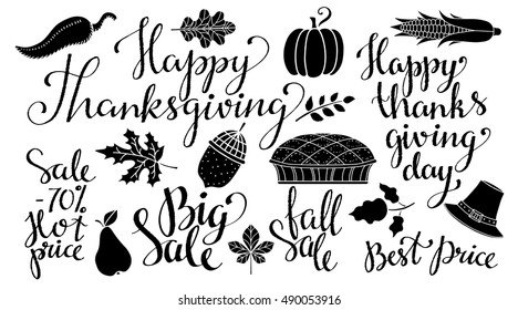 Fall, autumn set. Leaves, acorn, pumpkin, hat, corn cob, pumpkin pie hand drawn. Happy Thanksgiving day, Big sale, Best price, Fall sale, Sale 70 % Hot price. Calligraphic text, handwritten. Isolated