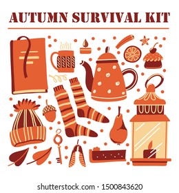 Fall, autumn survival kit set with book, teapot, mug, candle, mulled wine spices, socks, knitted hat, lantern and candles, pear and pumpkin pie, vector illustration isolated on white background