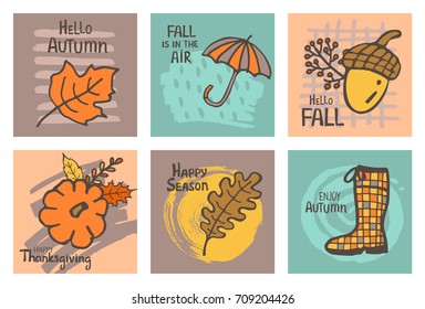 fall autumn thanksgiving seasonal abstract hand drawn handwritten colorful doodle greeting cards set collection 