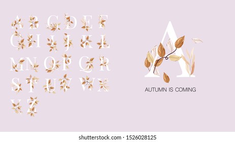 Fall and Autumn vector alphabet. Uppercase letters decorated with pink and brown leaves branches.