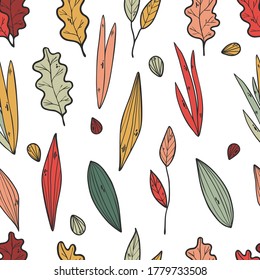Fall autumn. Vector illustration pattern doodle Halloween holiday colorful leaves on white background.