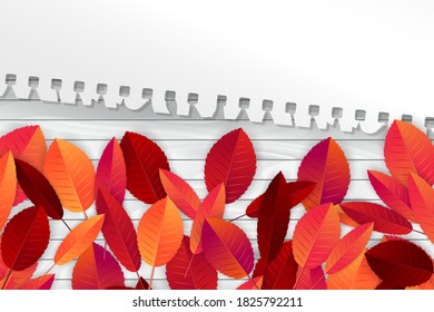 Fall or autumn vector illustration with red and orange leaves on white board background and a torn out sheet of note pad paper. Vector illustration.