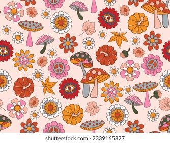 Fall Autumn Vibe with 70s groovy hippie retro seamless pattern. Vintage floral , Mushroom vector pattern , Design for fashion , fabric, textile, wallpaper , wrapping and all prints 