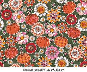 Fall Autumn Vibe with 70s groovy hippie retro seamless pattern. Vintage floral vector pattern. Design for fashion , fabric, textile, wallpaper , wrapping and all prints 