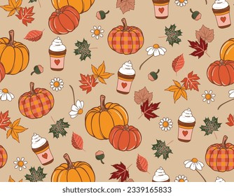 Otoño Vibe de Otoño con el estampado retro de la calabaza hippie de los años 70, patrón sin fisuras. Patrón vectorial floral vintage. Diseño de moda, tela, textil, papel pintado, envoltura y todas las impresiones 