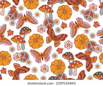 Fall Autumn Vibe with 70s groovy hippie retro Pumpkin and Butterfly seamless pattern. Vintage floral vector pattern. Design for fashion , fabric, textile, wallpaper , wrapping and all prints 