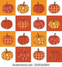 Otoño Vibe de Otoño con el estampado retro de la calabaza hippie de los años 70, patrón sin fisuras. Patrón vectorial floral vintage. Diseño de moda, tela, textil, papel pintado, envoltura y todas las impresiones 