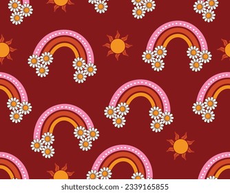 Fall Autumn Vibe with 70s groovy hippie retro seamless pattern. Vintage Rainbow floral vector pattern. Design for fashion , fabric, textile, wallpaper , wrapping and all prints 