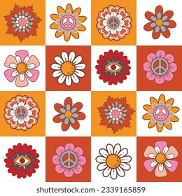 Fall Autumn Vibe with 70s groovy hippie retro seamless pattern. Vintage floral vector pattern. Design for fashion , fabric, textile, wallpaper , wrapping and all prints 