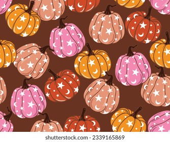 Fall Autumn Vibe with 70s groovy hippie retro Pumpkin seamless pattern. Vintage floral vector pattern. Design for fashion , fabric, textile, wallpaper , wrapping and all prints 