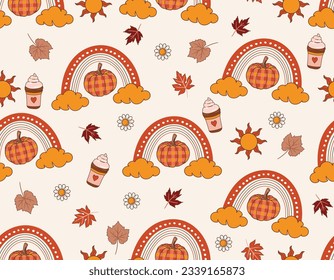Fall Autumn Vibe with 70s groovy hippie retro Pumpkin seamless pattern. Vintage floral vector pattern. Design for fashion , fabric, textile, wallpaper , wrapping and all prints 