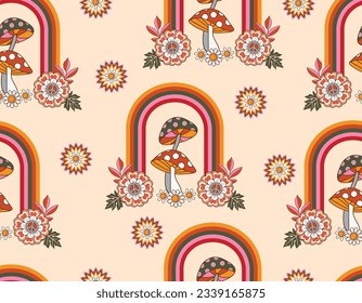 Fall Autumn Vibe with 70s groovy hippie retro seamless pattern. Vintage floral , Mushroom ,Rainbow  vector pattern , Design for fashion , fabric, textile, wallpaper , wrapping and all prints 