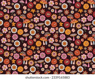 Otoño Vibe de Otoño con un patrón retro de hippie groovy de 70 sin fisuras. Patrón vectorial floral vintage. Diseño de moda, tela, textil, papel pintado, envoltura y todas las impresiones 