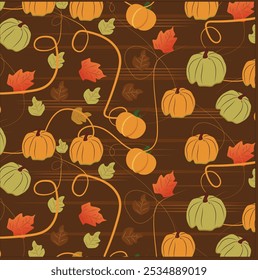 Fall Autumn Vibe with 70s groovy hippie retro Pumpkin seamless pattern. Vintage floral vector pattern. Design for fashion , fabric, textile, wallpaper , wrapping and all prints