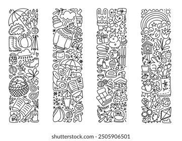 Fall, autumn, winter and spring holiday season doodle icon of animal, plant and flower, leisure activities and tools, and celebration festival collection set. Linear hand drawn vector illustration.