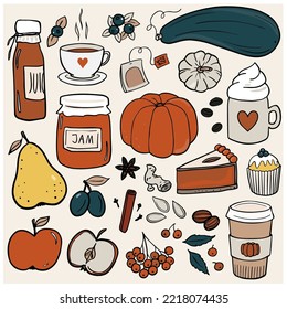 Fall Autumn Yummy Doodle linear outline colorful vector seasonal illustration set for web digital projects and bullet journal isolated on light background 