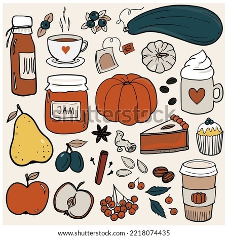 Fall Autumn Yummy Doodle linear outline colorful vector seasonal illustration set for web digital projects and bullet journal isolated on light background 