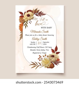 Fall baby shower invitation with autumn flowers, leaves, and "Fall in love with baby" message. Perfect for welcoming a little one with a seasonal and heartfelt design.