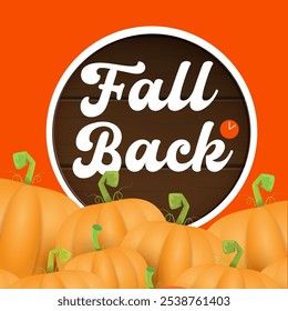 Fall Back 2024. El horario de verano termina el Anuncio con calabazas aisladas sobre fondo naranja.