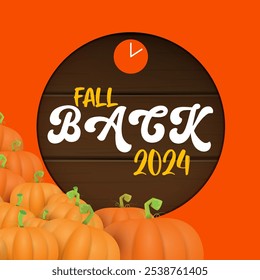 Fall Back 2024. El horario de verano termina el Anuncio con calabazas aisladas sobre fondo naranja.