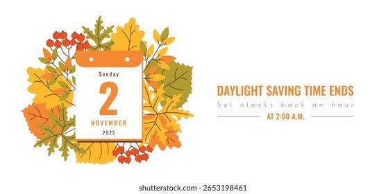 Fall Back 2025 Sunday November 02 banner template with typography. Set clocks back one hour. Daylight Saving Time Ends. Web Wintertime reminder design calendar date. Flat style. winter time concept