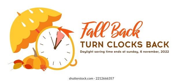 Banner de Fall Back, recordatorio web de Daylight Saving Time Termina. Cambiar el reloj de vuelta una hora. Banner web minimalista en estilo de caricatura, fecha 6 de noviembre de 2022