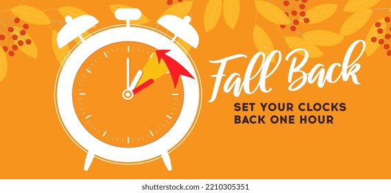 Fall Back, change clock back one hour, Daylight Saving Time Ends web reminder banner. Clocks with arrow hand turning back an hour. Minimalist aesthetic web banner