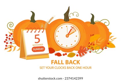 Fall Back, change clock back one hour. Daylight Saving Time Ends at sunday, 5 november 2023. Clock Backward web reminder banner with calendar date. Clock arrow turning back an hour vector illustration