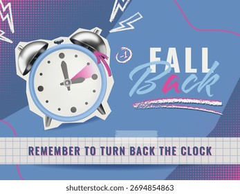 Collage Fall Back con etiqueta de reloj de alarma 3D sobre fondo brillante de semitono. El horario de verano termina con la Ilustración vectorial en colores azul y rosa