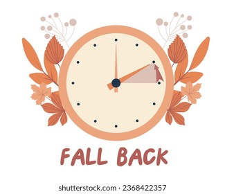 Fall back concept in flat style, change clock back one hour, Daylight Saving Time Ends web vector reminder banner. Clocks with arrow hand turning back an hour. Minimalist aesthetic web banner.