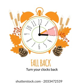 Fall Back concept with graphic alarm and schedule to set the clock back one hour. The end of Daylight Saving Time. Vector illustration with autumn leaves in modern flat style isolated on white
