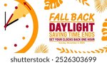 Fall Back daylight saving time ends 2024 background or banner design template. Fall Back Time 2024 is observed every year in November. Set Your Clock Back One Hour banner with clock.